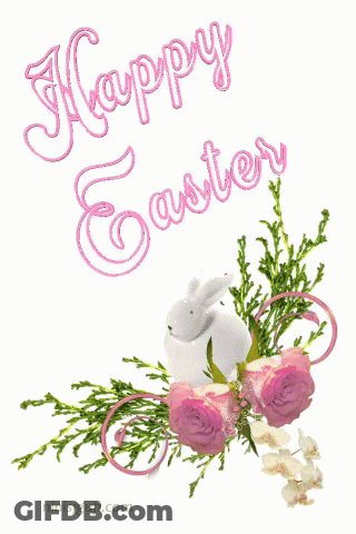 A Happy Easter Greeting Card With A Bunny And Pink Roses GIF