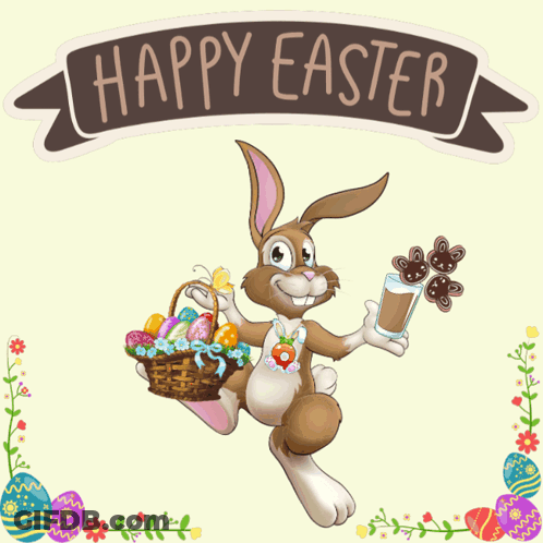 A Happy Easter Greeting Card With A Bunny Holding A Glass Of Milk GIF