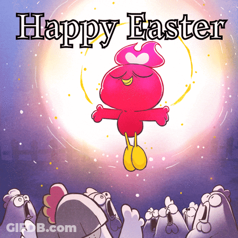 A Happy Easter Greeting Card With A Cartoon Chicken GIF