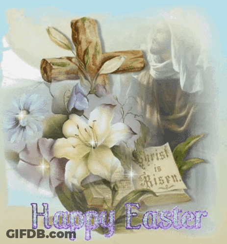 A Happy Easter Greeting Card With A Cross Flowers And A Bible GIF
