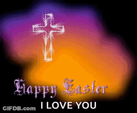 A Happy Easter Greeting Card With A Cross On A Purple And Orange Background GIF