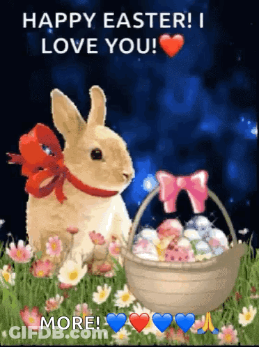 A Happy Easter Greeting Card With A Rabbit And A Basket Of Easter Eggs GIF