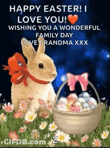 A Happy Easter Greeting Card With A Rabbit And A Basket Of Easter Eggs . GIF
