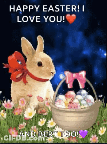 A Happy Easter Greeting Card With A Rabbit And A Basket Of Eggs GIF