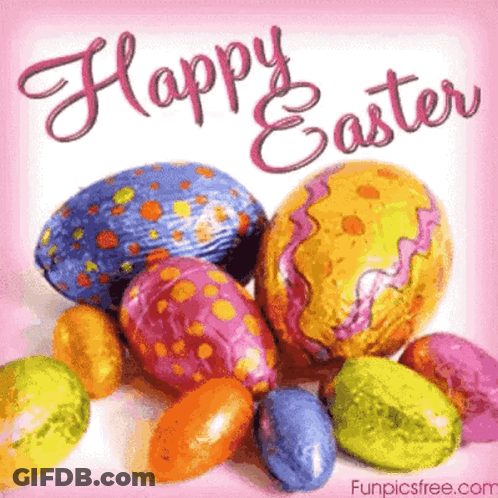 A Happy Easter Greeting Card With Colorful Easter Eggs On A Pink Background GIF