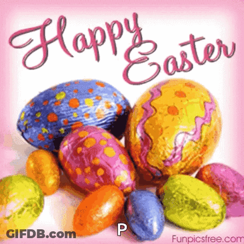 A Happy Easter Greeting Card With Colorful Easter Eggs On A Pink Background GIF