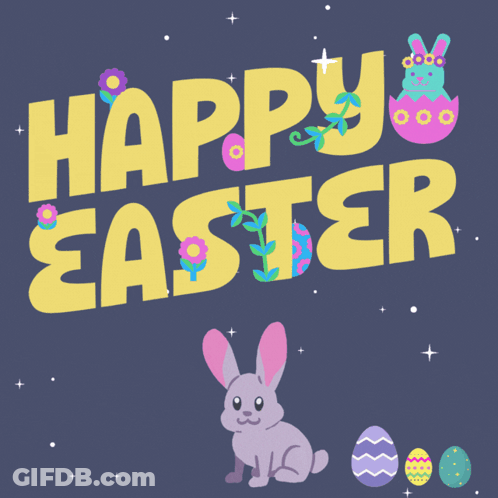 A Happy Easter Greeting With A Bunny And Eggs GIF