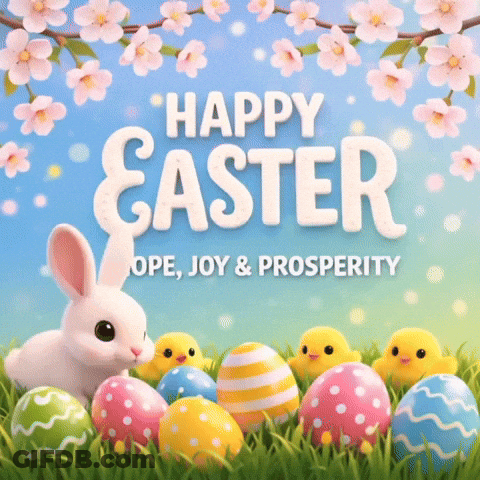 A Happy Easter Greeting With A Bunny And Eggs GIF