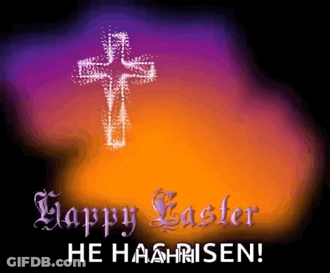 A Happy Easter He Has Risen Poster With A Cross In The Background GIF