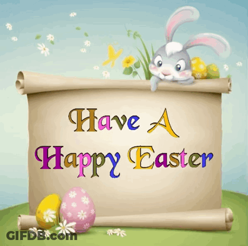 A Happy Easter Sign With A Bunny And Eggs GIF
