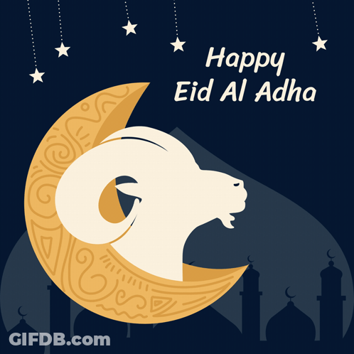 A Happy Eid Al Adha Card With A Ram On The Moon GIF