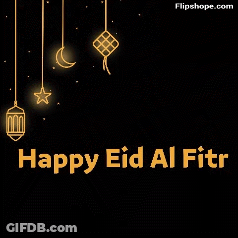 A Happy Eid Al Fitr Greeting Card With Lanterns , A Crescent Moon , And A Star . GIF