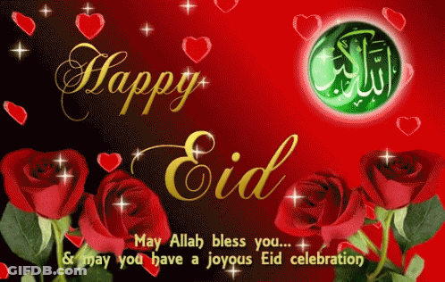 A Happy Eid Card With Roses And Hearts On A Red Background GIF