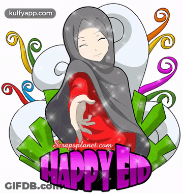 A Happy Eid Greeting Card With A Girl In A Hijab On It GIF