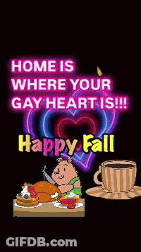 A Happy Fall Poster With A Pig Cutting A Turkey GIF