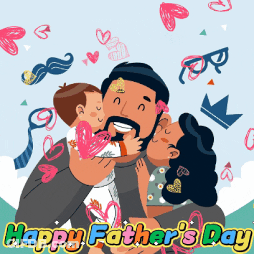 A Happy Father 'S Day Greeting Card Shows A Man Holding Two Children GIF