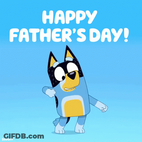 A Happy Father 'S Day Greeting Card With A Blue And Yellow Dog GIF