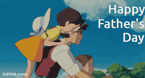 A Happy Father 'S Day Greeting Card With A Cartoon Of A Man Carrying Two Children On His Shoulders GIF