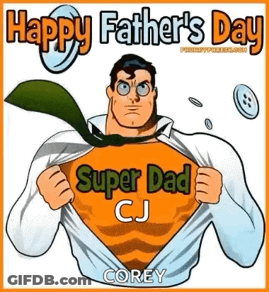 A Happy Father 'S Day Greeting Card With A Cartoon Of A Man In A Superman Costume . GIF