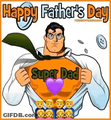 A Happy Father 'S Day Greeting Card With A Cartoon Of Superman Holding A Heart And A Purple Heart . GIF
