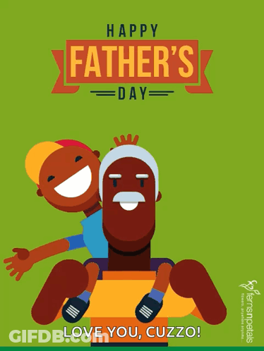 A Happy Father 'S Day Greeting Card With A Man Carrying A Boy On His Shoulders GIF