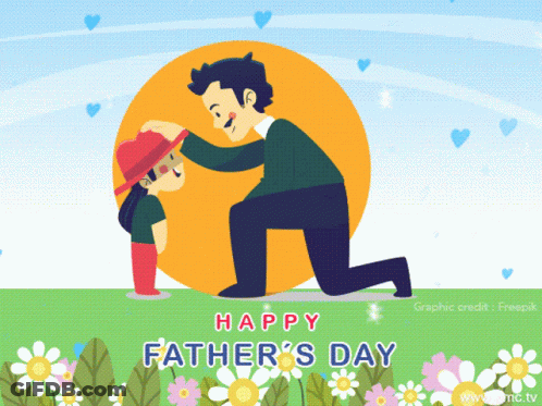 A Happy Father 'S Day Greeting Card With A Man Putting A Hat On A Child GIF