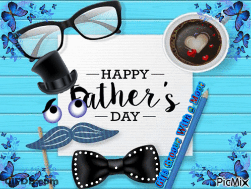 A Happy Father 'S Day Greeting Card With Glasses A Bow Tie And A Cup Of Coffee GIF