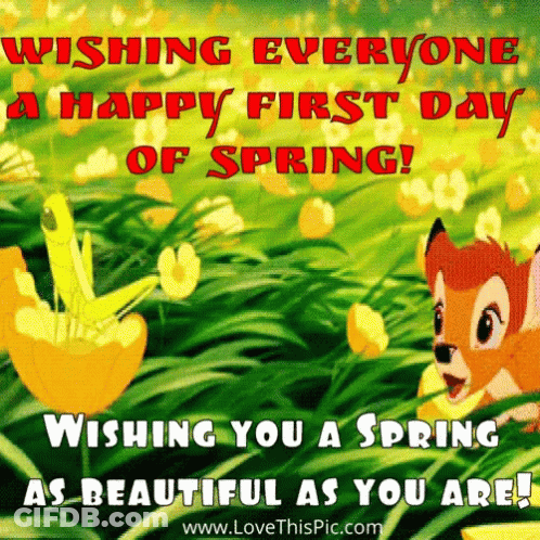 A Happy First Day Of Spring Greeting Card With A Fox And Flowers GIF