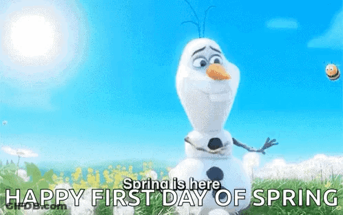 A Happy First Day Of Spring Greeting Card With A Snowman From Frozen GIF