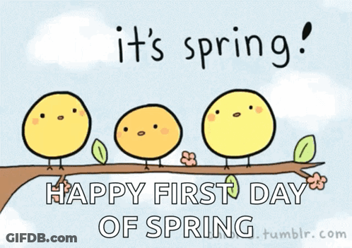 A Happy First Day Of Spring Greeting Card With Birds On A Tree Branch GIF