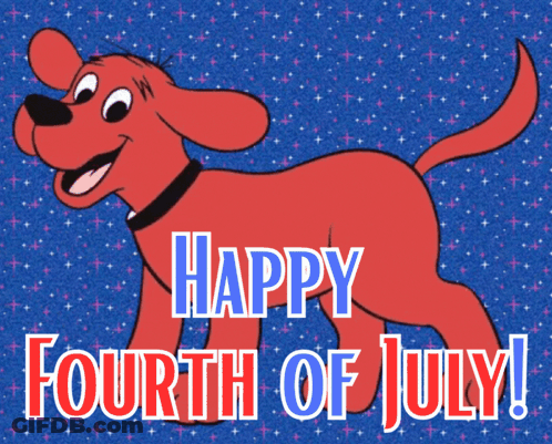 A Happy Fourth Of July Card With A Red Dog GIF