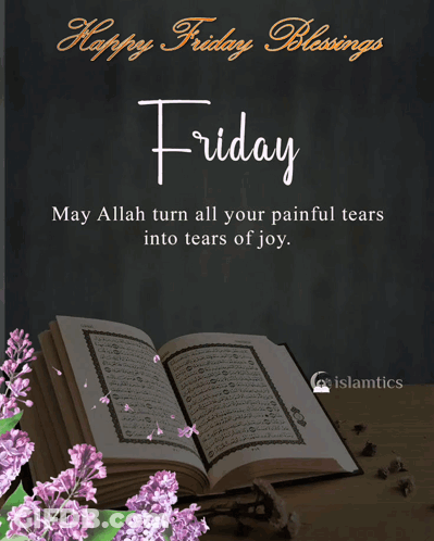 A Happy Friday Blessings Card With A Quran And Purple Flowers GIF