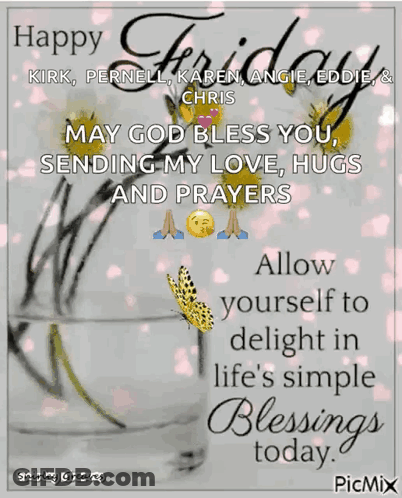 A Happy Friday Card With A Vase Of Flowers And A Butterfly GIF