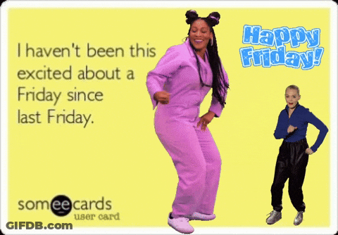 A Happy Friday Card With A Woman In A Purple Outfit GIF