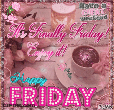 A Happy Friday Greeting Card With A Cup Of Coffee And Flowers GIF