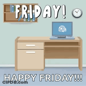 A Happy Friday Greeting Card With A Desk And A Laptop On It GIF