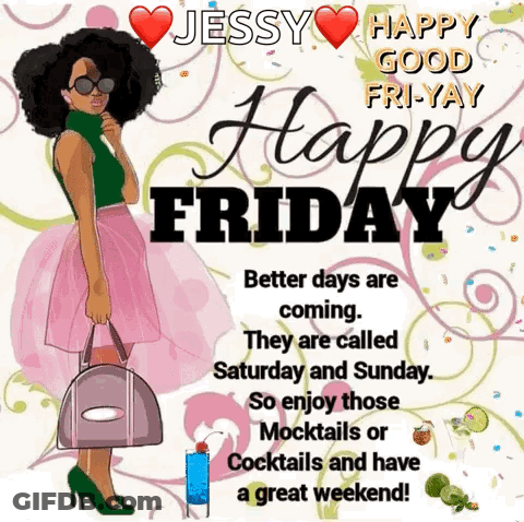 A Happy Friday Greeting Card With A Woman In A Pink Skirt Holding A Purse GIF