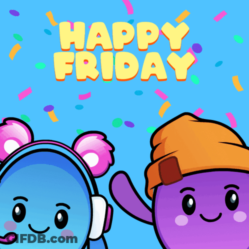 A Happy Friday Greeting Card With Two Cartoon Characters And Confetti GIF