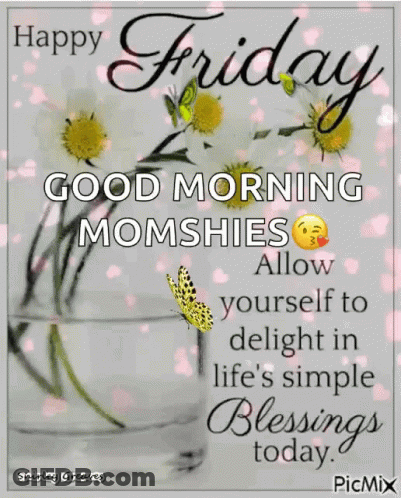 A Happy Friday Message With A Vase Of Flowers And A Butterfly On It GIF