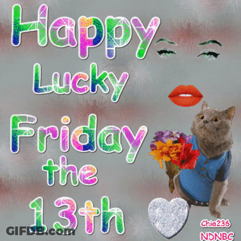 A Happy Friday The 13Th Greeting Card With A Cat And Flowers GIF
