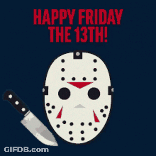 A Happy Friday The 13Th Greeting Card With A Jason Voorhees Mask And Knife GIF
