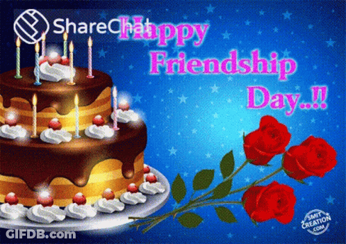 A Happy Friendship Day Greeting Card With A Chocolate Cake And Roses GIF
