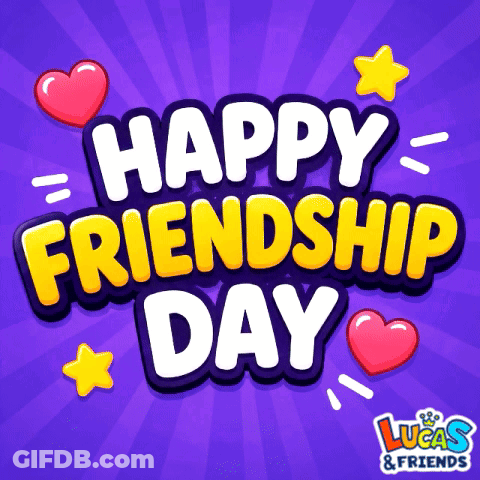 A Happy Friendship Day Greeting Card With Hearts And Stars GIF