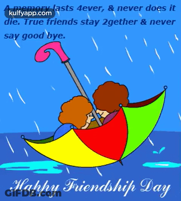 A Happy Friendship Day Greeting Card With Two People Under An Umbrella In The Rain GIF
