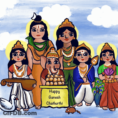 A Happy Ganesh Chaturthi Greeting Card With A Group Of Religious Figures GIF