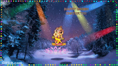 A Happy Ganesh Chaturthi Greeting Card With A Statue Of Ganesha On A Lotus Flower GIF