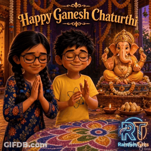 A Happy Ganesh Chaturthi Poster With A Boy And Girl Praying GIF