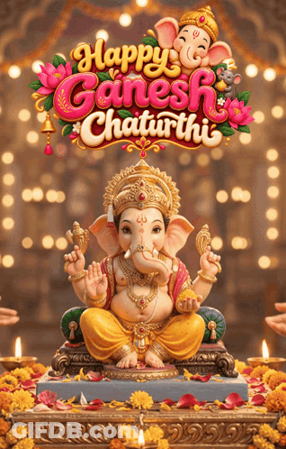 A Happy Ganesh Chaturthi Poster With A Statue Of Ganesha GIF