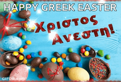 A Happy Greek Easter Greeting Card With Chocolate Eggs And Candies GIF