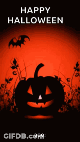 A Happy Halloween Greeting Card With A Pumpkin And Bats . GIF